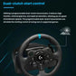 Close-up of Logitech G923 racing wheel highlighting programmable dual-clutch paddles for rapid, traction-optimized starts in supported racing games.