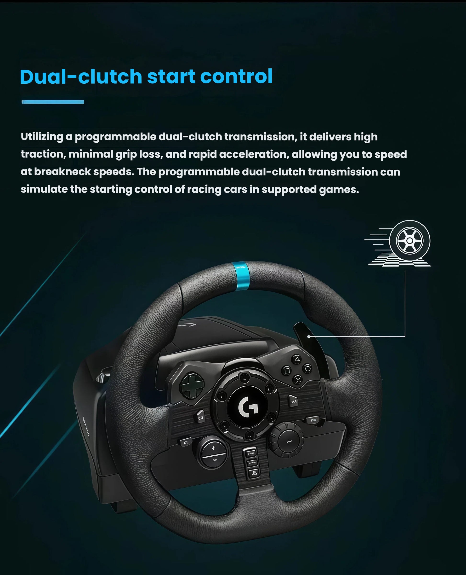 Close-up of Logitech G923 racing wheel highlighting programmable dual-clutch paddles for rapid, traction-optimized starts in supported racing games.