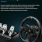 Logitech G923 racing wheel with leather wrap and brushed metal pedals, built from aluminum and steel for realistic, comfortable racing on PS5, PS4 & PC.