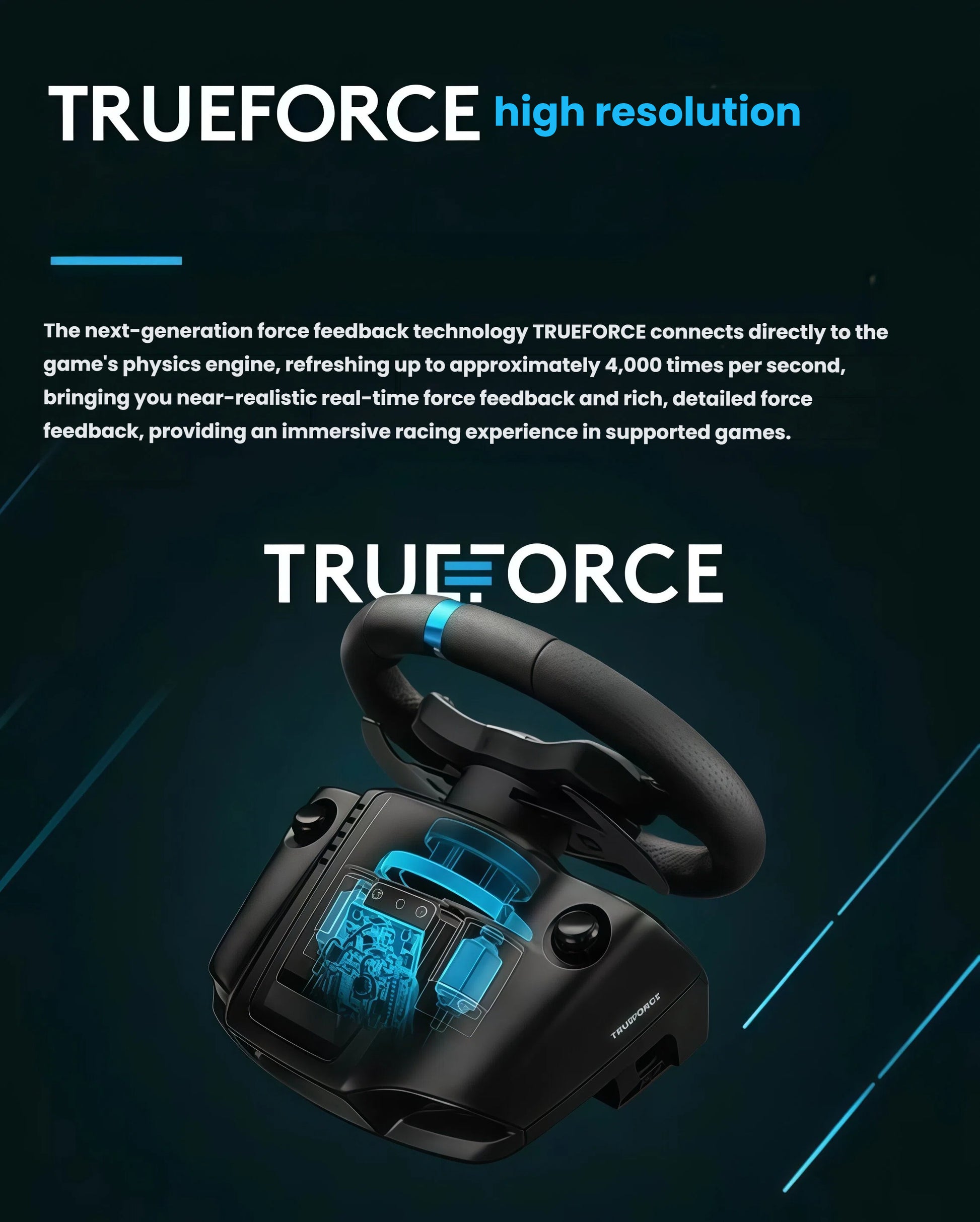  Cutaway view of Logitech G923 racing wheel showcasing TRUEFORCE high-resolution force feedback technology that refreshes 4,000 times per second for ultra-realistic racing feel.