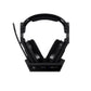 Front view of the black ASTRO A50 X headset seated in its matching black base station, highlighting the sleek, low-profile design.