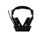 Front view of the black ASTRO A50 X headset seated in its matching black base station, highlighting the sleek, low-profile design.