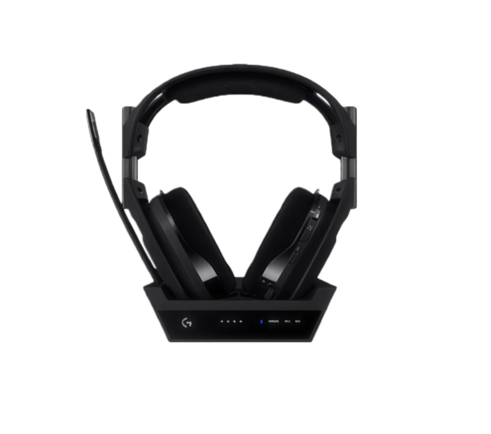 Front view of the black ASTRO A50 X headset seated in its matching black base station, highlighting the sleek, low-profile design.