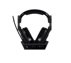 Front view of the black ASTRO A50 X headset seated in its matching black base station, highlighting the sleek, low-profile design.
