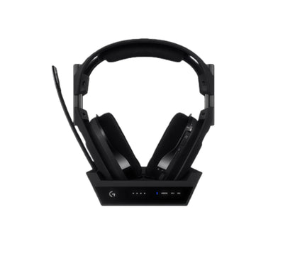 Front view of the black ASTRO A50 X headset seated in its matching black base station, highlighting the sleek, low-profile design.