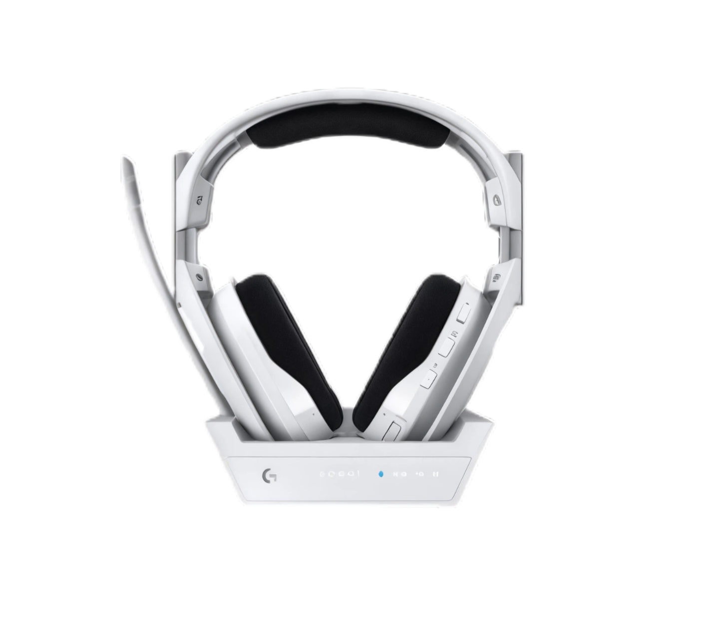 Front view of the white ASTRO A50 X headset resting in its LIGHTSPEED base station, showing the integrated charging dock and status LEDs.