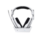 Front view of the white ASTRO A50 X headset resting in its LIGHTSPEED base station, showing the integrated charging dock and status LEDs.