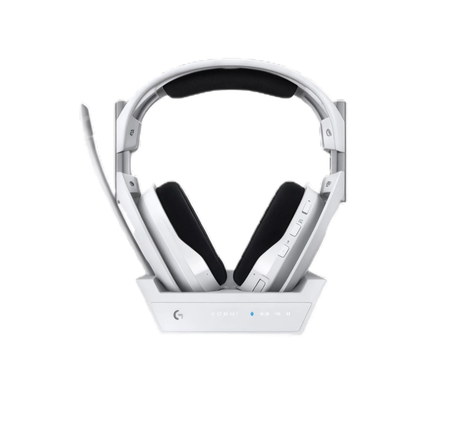 Front view of the white ASTRO A50 X headset resting in its LIGHTSPEED base station, showing the integrated charging dock and status LEDs.