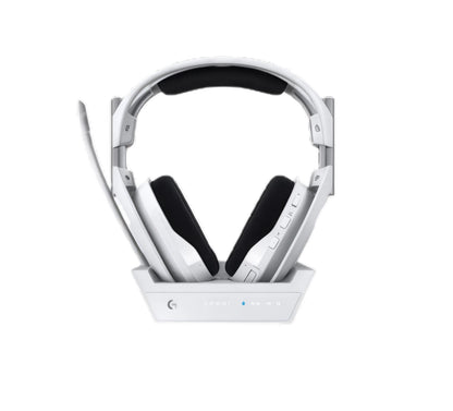 Front view of the white ASTRO A50 X headset resting in its LIGHTSPEED base station, showing the integrated charging dock and status LEDs.