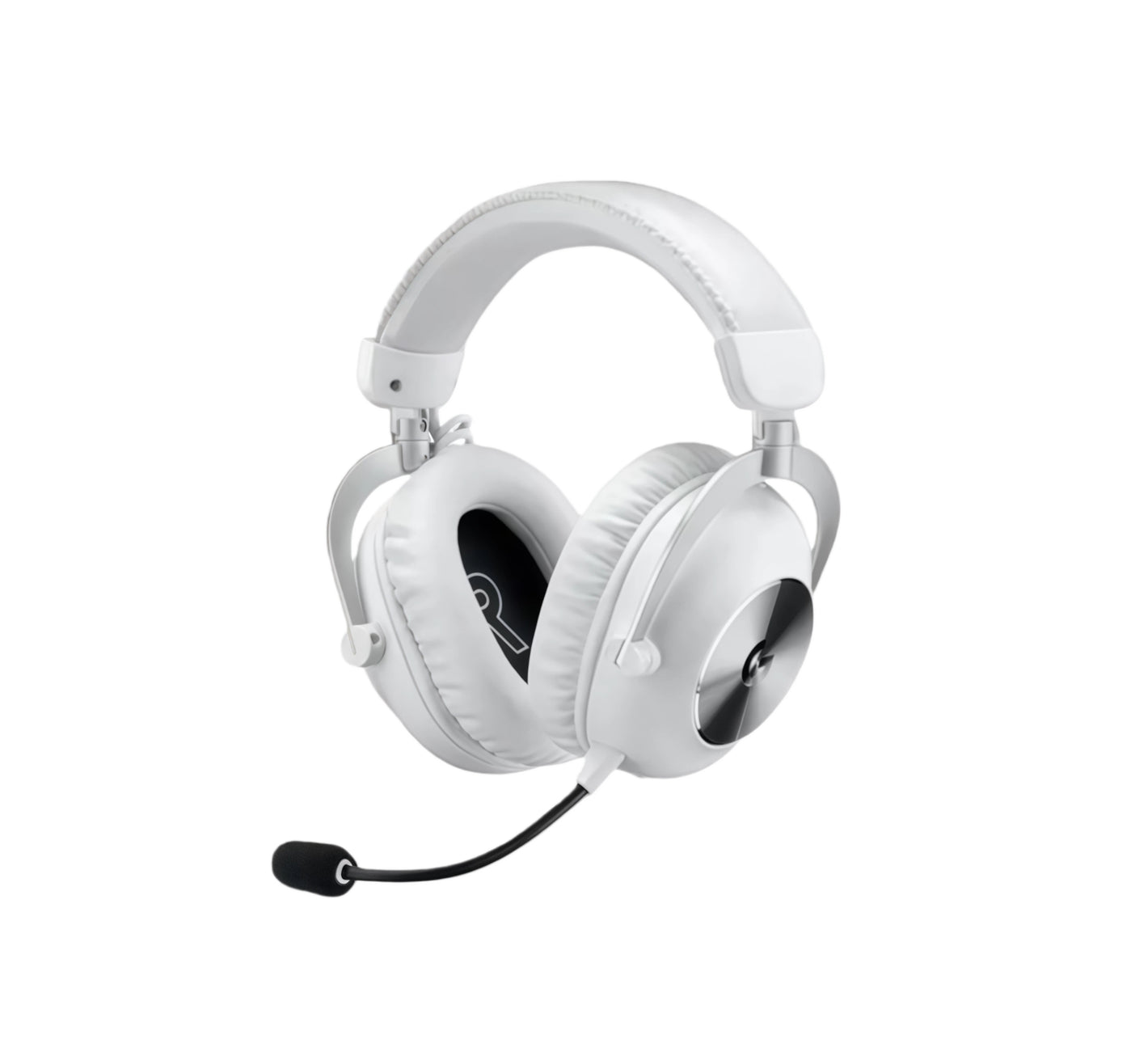 Studio shot of the white PRO X 2 LIGHTSPEED headset, showcasing its plush memory-foam ear pads, durable aluminum forks, and detachable boom microphone.