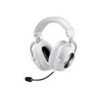 Studio shot of the white PRO X 2 LIGHTSPEED headset, showcasing its plush memory-foam ear pads, durable aluminum forks, and detachable boom microphone.