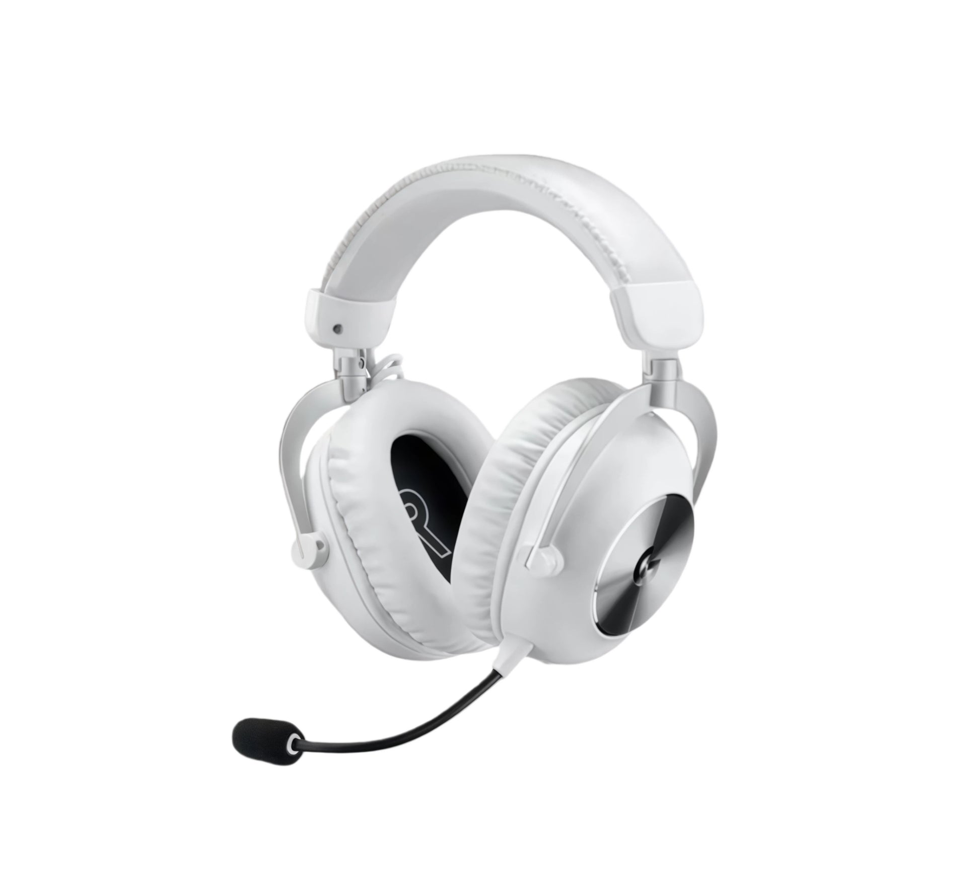 Studio shot of the white PRO X 2 LIGHTSPEED headset, showcasing its plush memory-foam ear pads, durable aluminum forks, and detachable boom microphone.