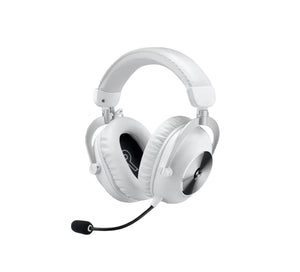 Studio shot of the white PRO X 2 LIGHTSPEED headset, showcasing its plush memory-foam ear pads, durable aluminum forks, and detachable boom microphone.