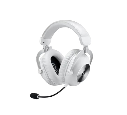 Studio shot of the white PRO X 2 LIGHTSPEED headset, showcasing its plush memory-foam ear pads, durable aluminum forks, and detachable boom microphone.