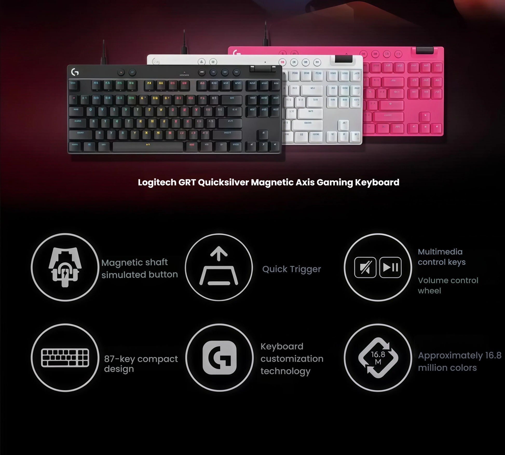 Marketing graphic displaying the PRO X TKL in black, white, and pink, with icons highlighting magnetic shaft switches, quick trigger, 87-key compact design, media keys, and 16.8 M color RGB.