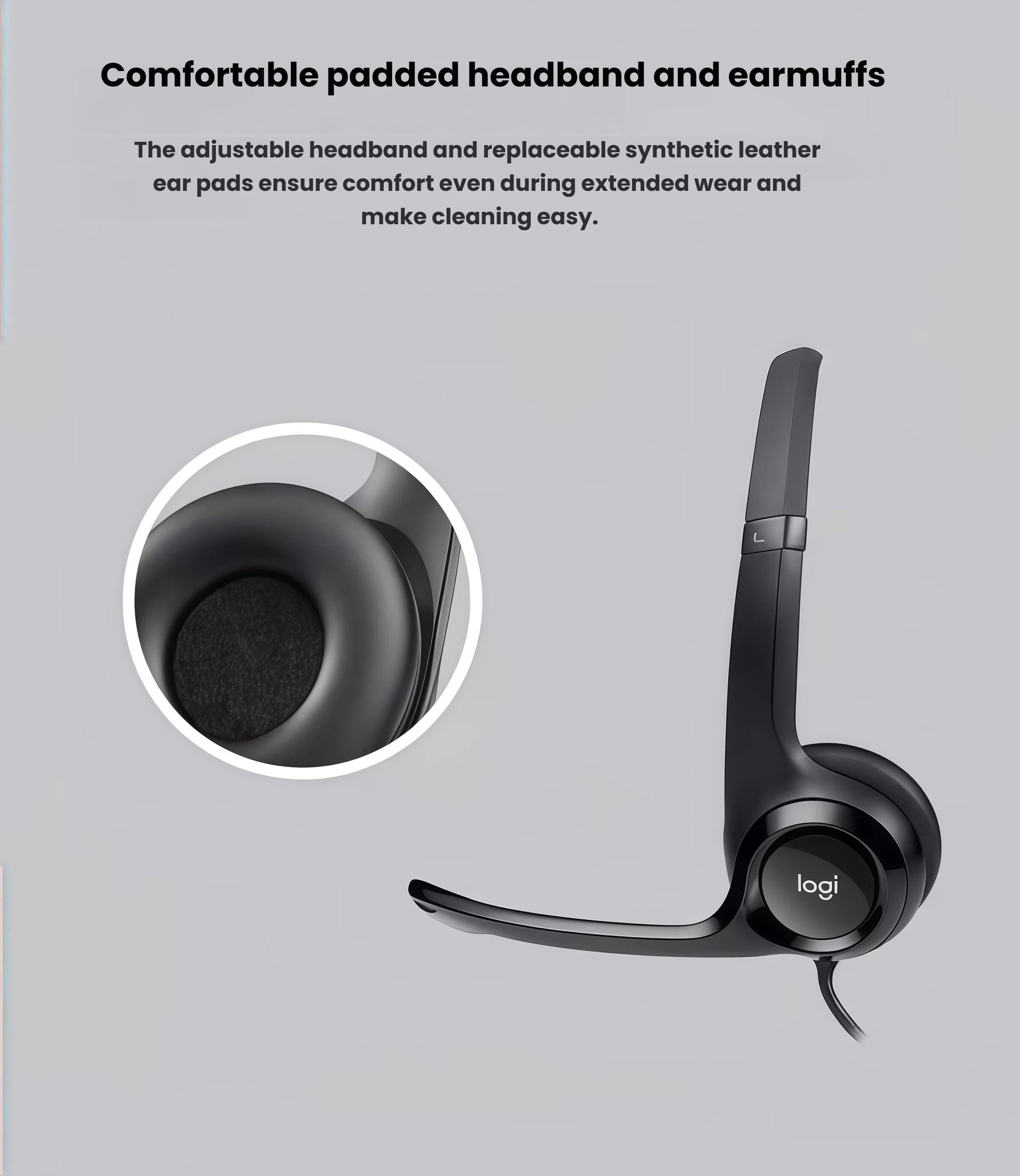 Side view of the black H390 headset with a magnified inset highlighting the soft, replaceable synthetic-leather ear cushions for all-day comfort.