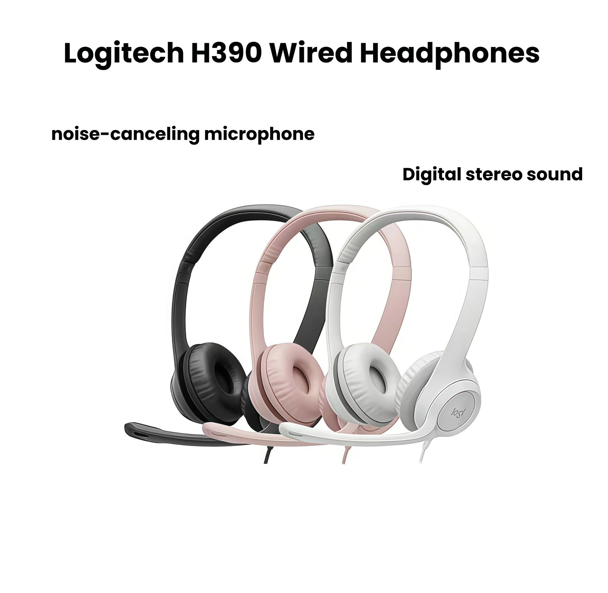 Trio of Logitech H390 headsets in black, rose, and white arranged side-by-side, emphasizing the color options and uniform design.