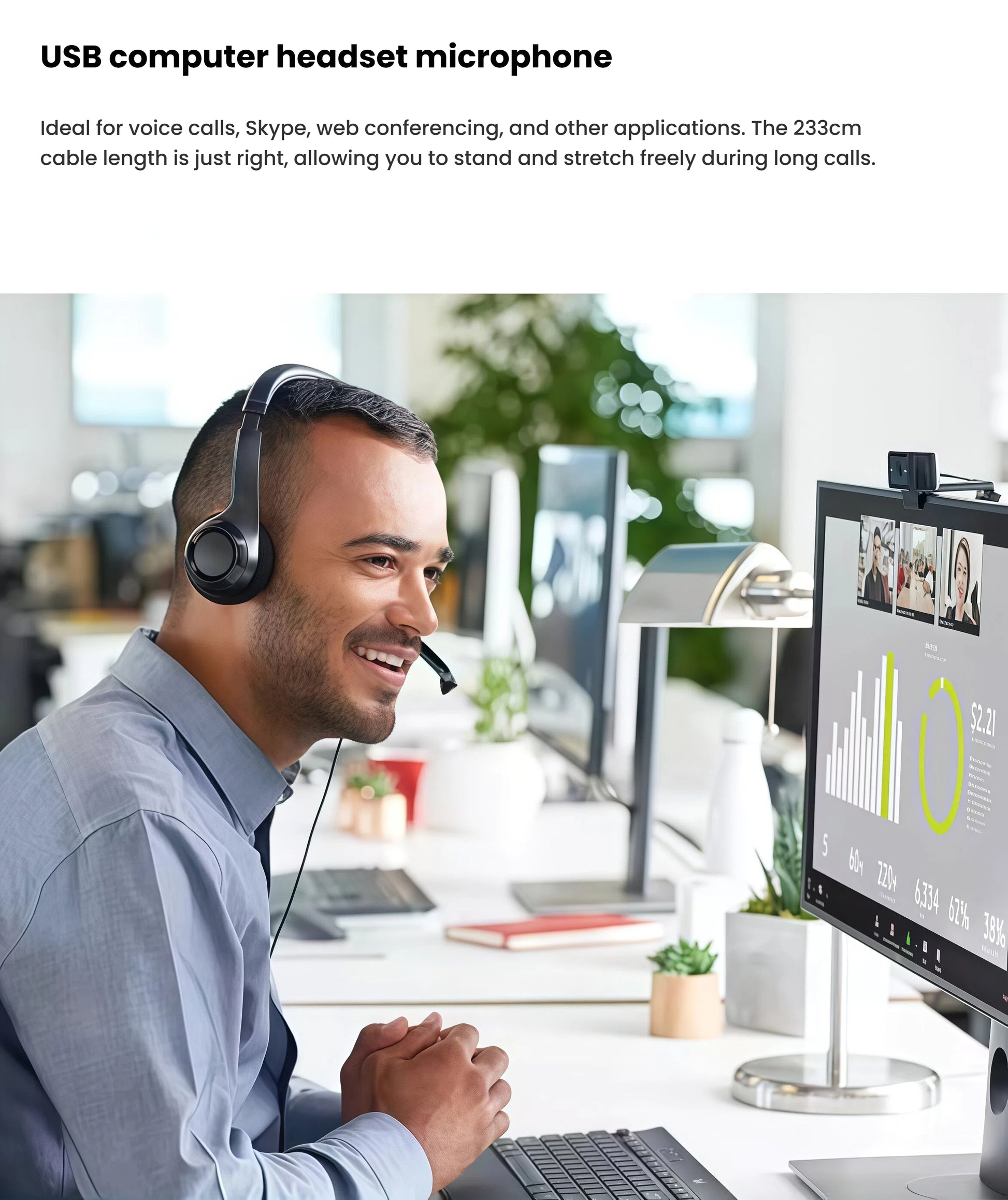 Smiling professional wearing the black Logitech H390 headset during a video conference on a desktop monitor, showcasing the 233 cm cable and noise-canceling microphone.