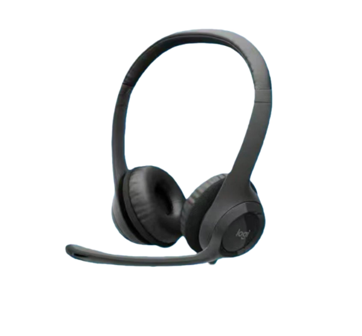 Studio shot of the black Logitech H390 headset with flexible boom mic, isolated on white.