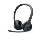 Studio shot of the black Logitech H390 headset with flexible boom mic, isolated on white.