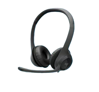 Studio shot of the black Logitech H390 headset with flexible boom mic, isolated on white.