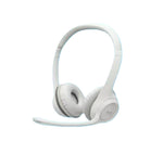 Clean white version of the Logitech H390 headset, showing the matching boom mic and ear cushions against a white background.