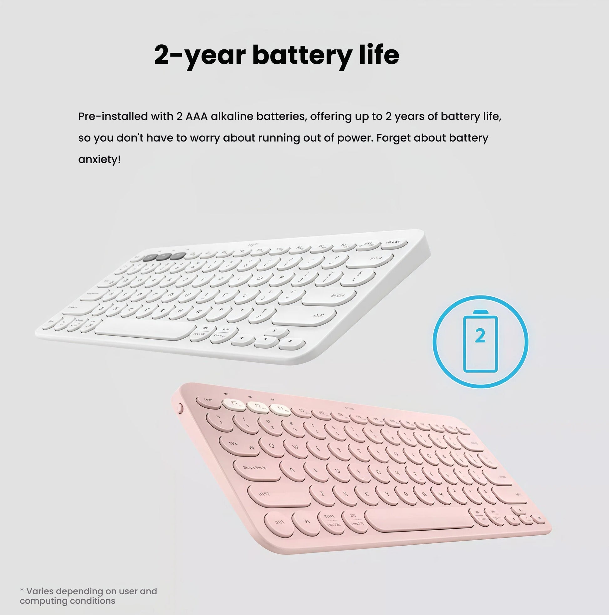 Marketing graphic displaying the white and pink K380 keyboards with a “2-year battery life” badge, emphasizing pre-installed AAA batteries and ultra-low power consumption.