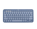 Soft blue-gray Logitech K380 keyboard from a top angle, showcasing its calming hue and the same compact, multi-device Bluetooth functionality.