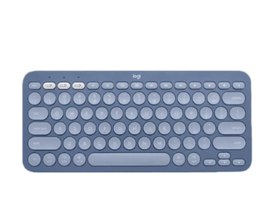 Soft blue-gray Logitech K380 keyboard from a top angle, showcasing its calming hue and the same compact, multi-device Bluetooth functionality.