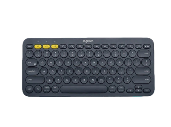 Top-down view of the dark gray Logitech K380 with yellow-accented Easy-Switch keys, emphasizing its professional look and multi-device Bluetooth connectivity.