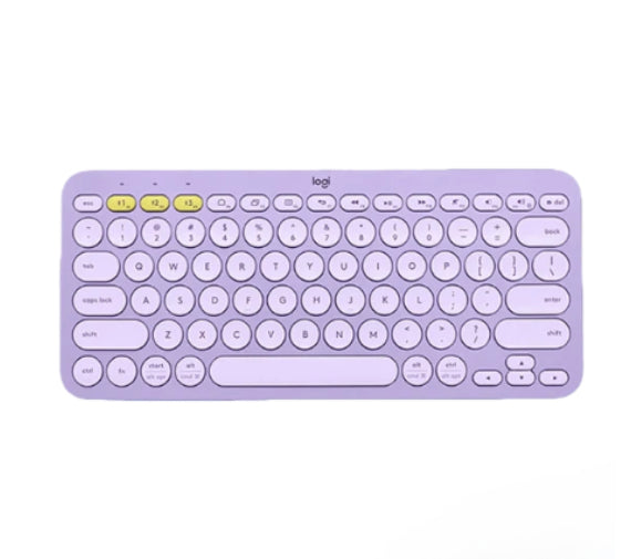 Pastel lavender Logitech K380 keyboard viewed from above, emphasizing its trendy color and the ability to switch between three Bluetooth devices with one tap.