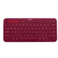 Bold red Logitech K380 keyboard from above, featuring matching red round keys and red Easy-Switch buttons, perfect for users who want a pop of color on their desk.