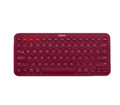 Bold red Logitech K380 keyboard from above, featuring matching red round keys and red Easy-Switch buttons, perfect for users who want a pop of color on their desk.