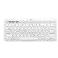  Clean overhead view of the white Logitech K380 Bluetooth keyboard, highlighting its minimalist round keys and three Easy-Switch buttons for seamless multi-device pairing.