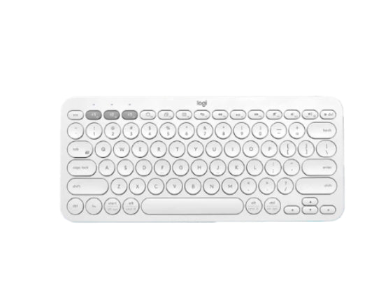  Clean overhead view of the white Logitech K380 Bluetooth keyboard, highlighting its minimalist round keys and three Easy-Switch buttons for seamless multi-device pairing.