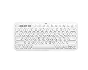  Clean overhead view of the white Logitech K380 Bluetooth keyboard, highlighting its minimalist round keys and three Easy-Switch buttons for seamless multi-device pairing.
