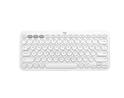  Clean overhead view of the white Logitech K380 Bluetooth keyboard, highlighting its minimalist round keys and three Easy-Switch buttons for seamless multi-device pairing.