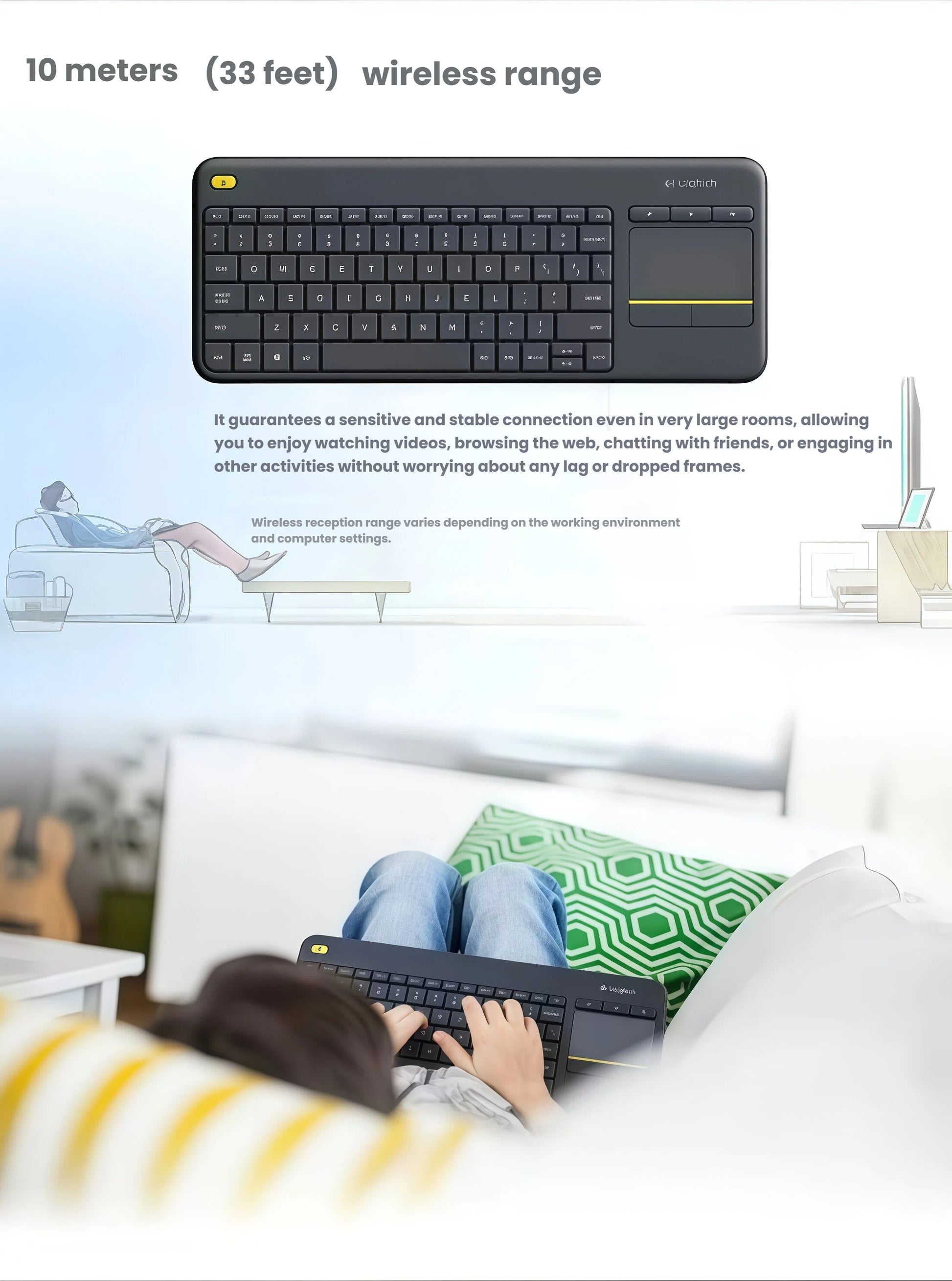 Lifestyle photo of a person using the K400 Plus from a sofa 10 meters away from the TV, illustrating reliable long-range wireless connectivity for home theater setups.