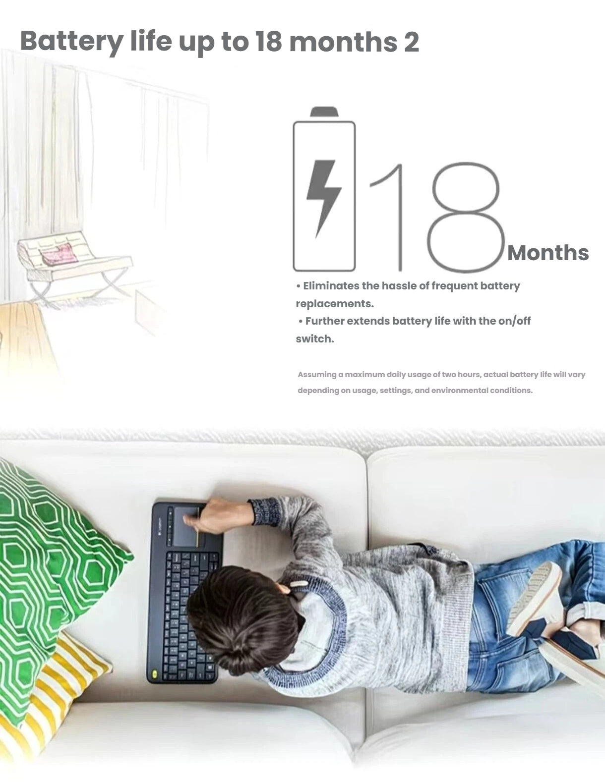 Infographic displaying “18 Months” battery life for the K400 Plus, with a child using the keyboard on a couch, underscoring extended use without frequent battery changes.