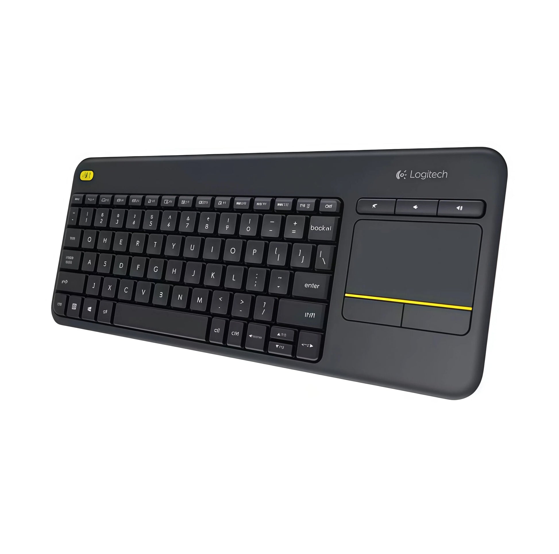 3/4-angle view of the Logitech K400 Plus showing the slim profile and built-in touchpad with yellow accent line, ideal for couch or living-room use.