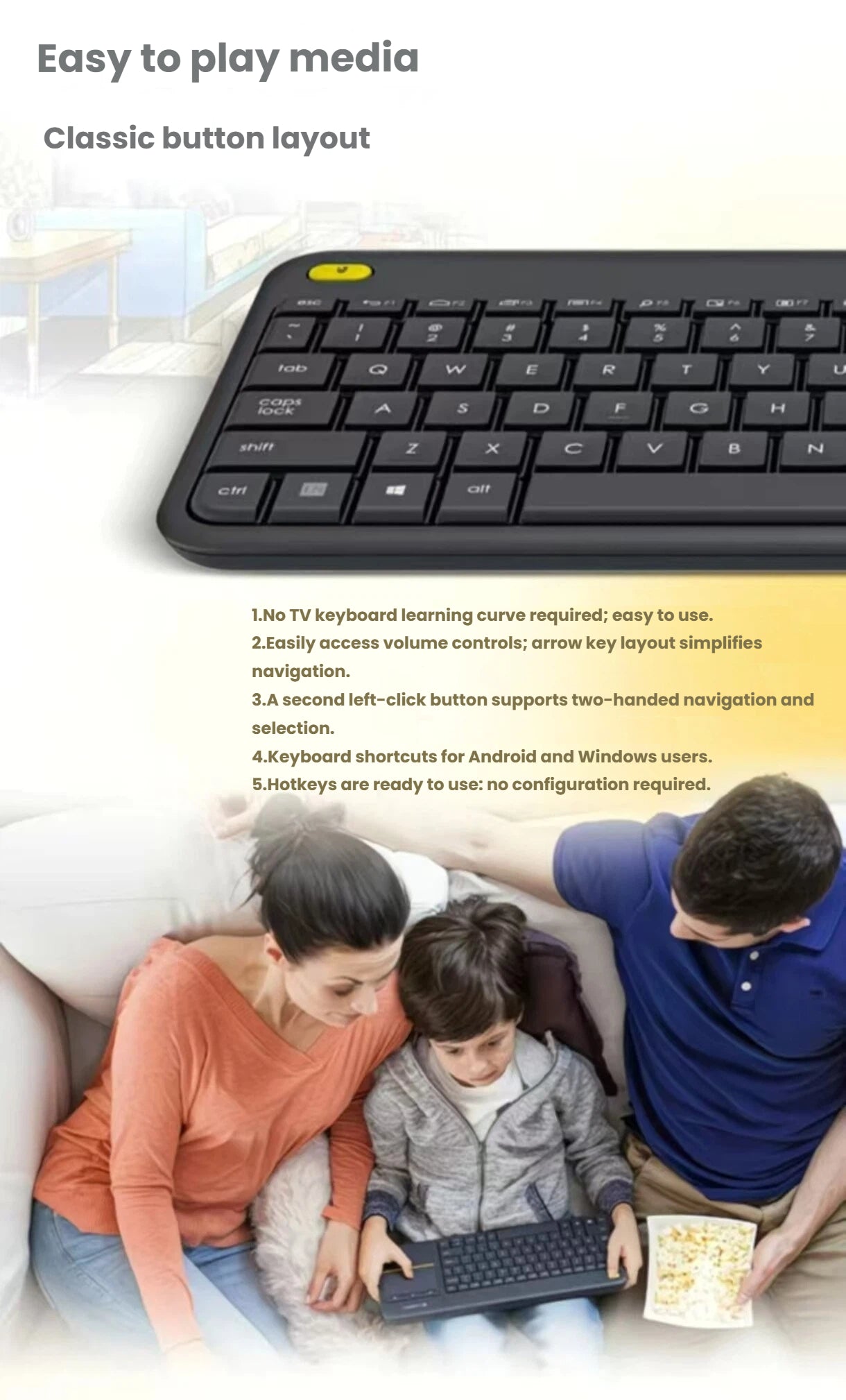 Family on a couch using the Logitech K400 Plus to navigate streaming content, highlighting the keyboard’s intuitive layout, volume hotkeys, and second left-click button for two-handed use.
