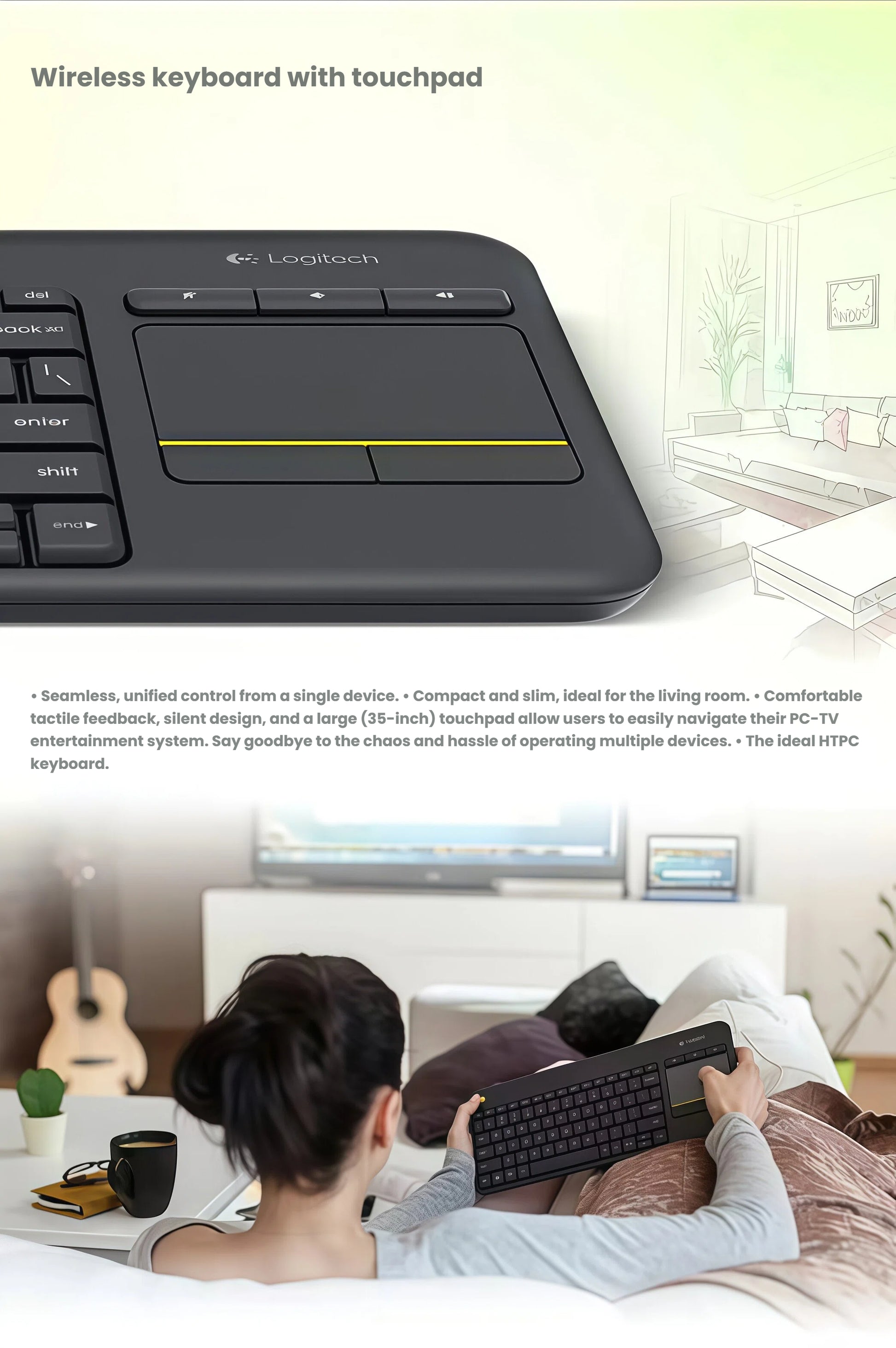 Close-up of the K400 Plus’s large touchpad and media keys, overlaid on an illustration of a modern living room, emphasizing seamless control of a PC-TV entertainment system.