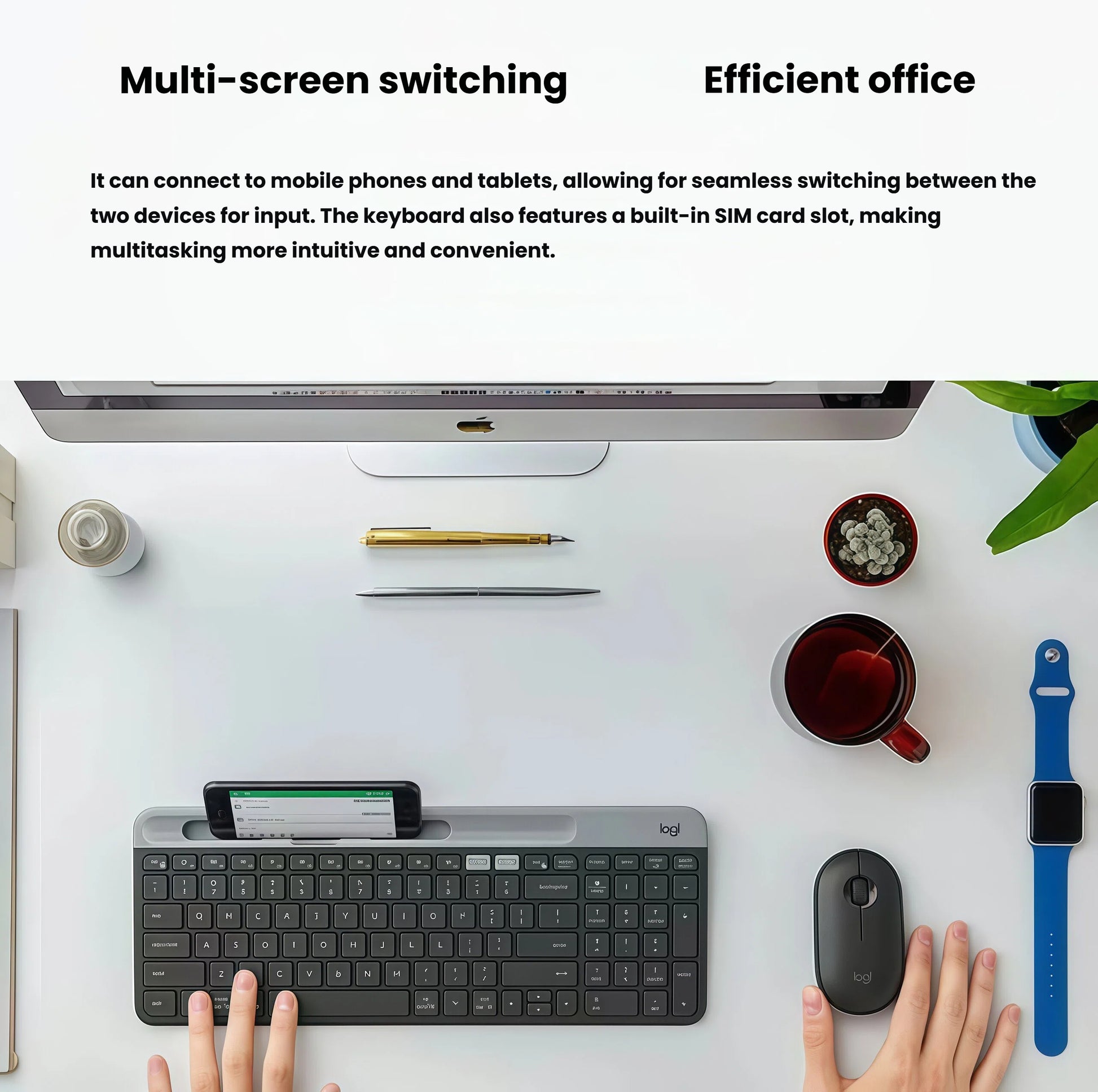  Top-down workspace scene with the graphite K580, a smartphone docked in the cradle, and a matching Logitech mouse, illustrating effortless switching between computer and mobile devices.