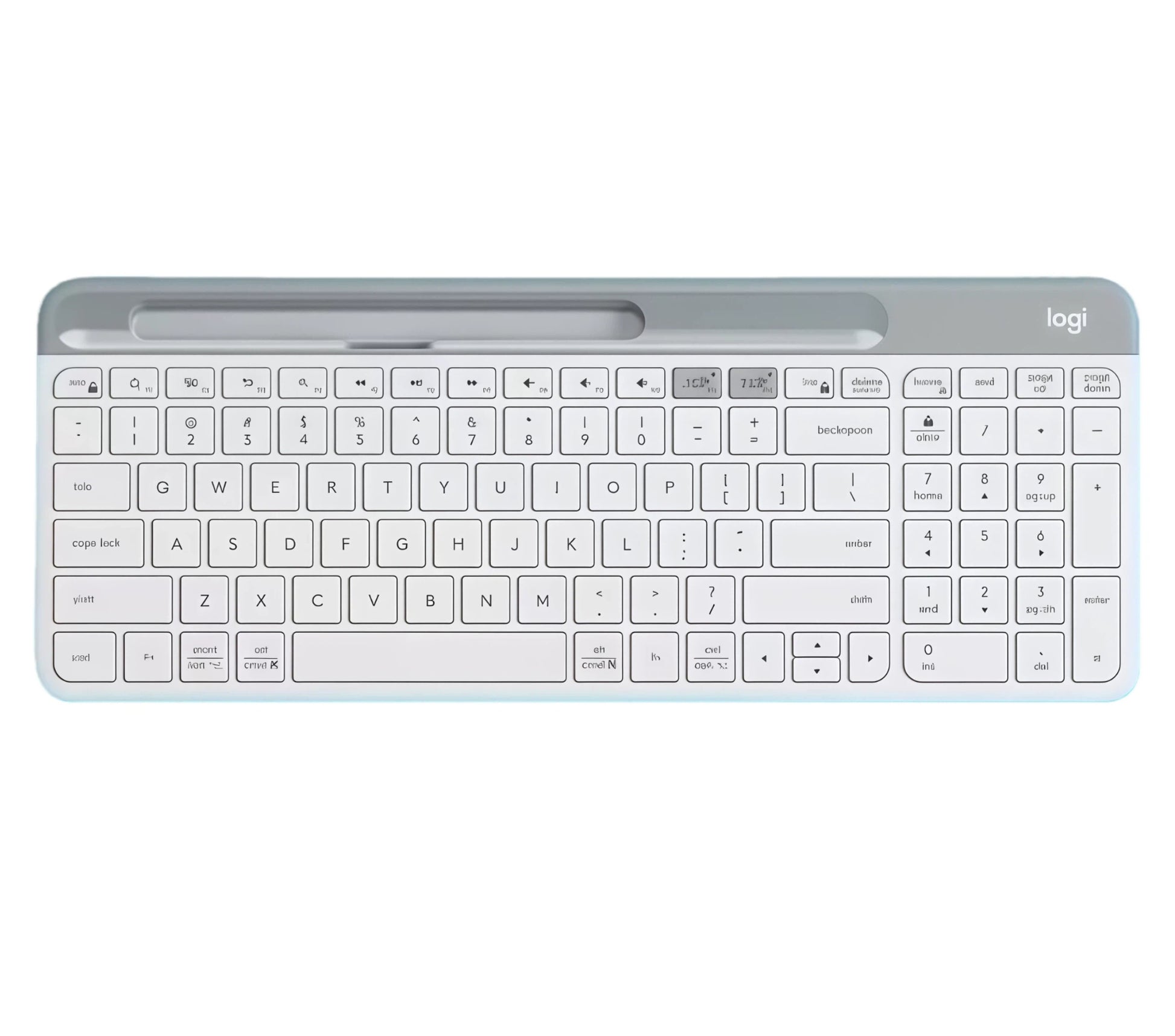 Clean overhead view of the off-white Logitech K580 wireless keyboard, highlighting its ultra-thin profile, integrated device slot, and quiet low-profile keys.