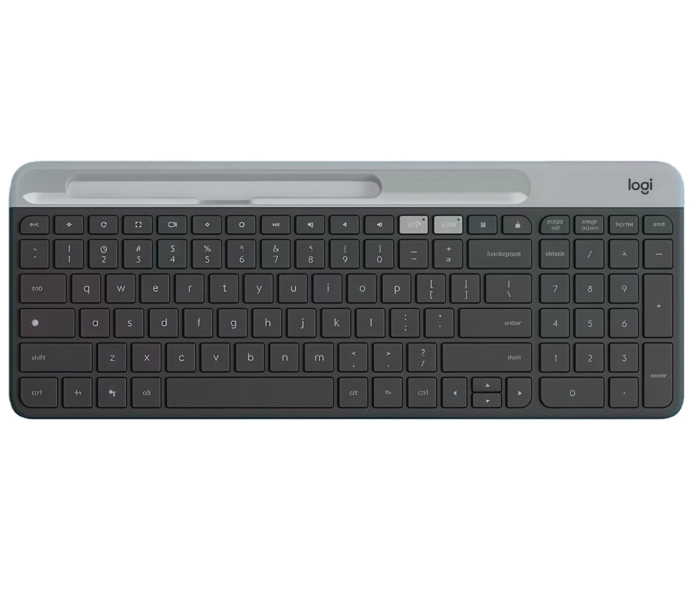 Overhead shot of the graphite Logitech K580 slim wireless keyboard, featuring a built-in phone/tablet cradle, full-size layout with numeric keypad, and dual-connectivity indicators.
