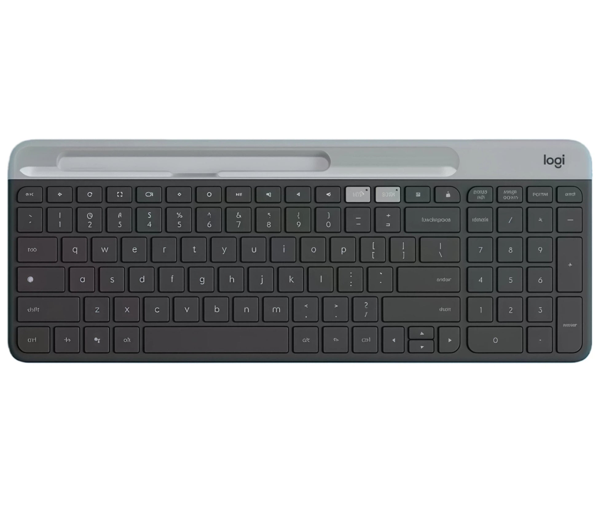 Overhead shot of the graphite Logitech K580 slim wireless keyboard, featuring a built-in phone/tablet cradle, full-size layout with numeric keypad, and dual-connectivity indicators.