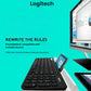Lifestyle scene featuring the Logitech K780 keyboard paired with a smartphone and tablet in its integrated stand, alongside a desktop monitor, illustrating seamless multi-device workflow.