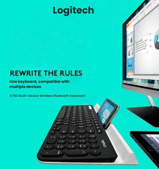 Lifestyle scene featuring the Logitech K780 keyboard paired with a smartphone and tablet in its integrated stand, alongside a desktop monitor, illustrating seamless multi-device workflow.