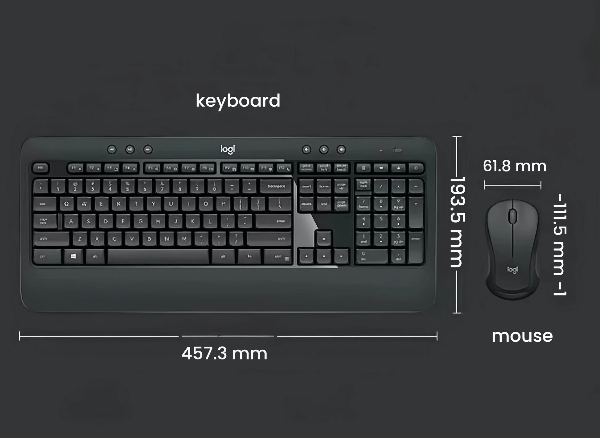  Technical dimension diagram showing the MK540 keyboard (457.3 × 193.5 mm) and M310t mouse (111.5 × 61.8 mm) to help users plan their workspace.