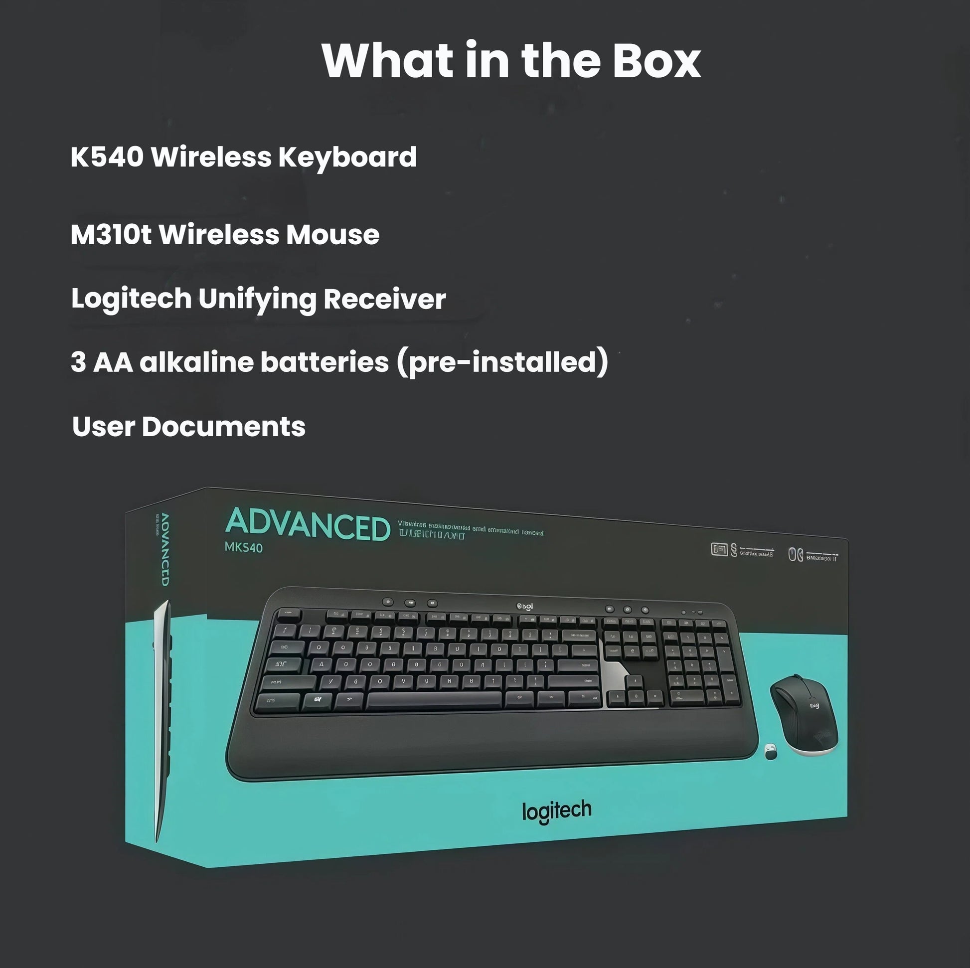 Product packaging shot listing everything inside: K540 wireless keyboard, M310t wireless mouse, Logitech Unifying receiver, three pre-installed AA batteries, and user documents.